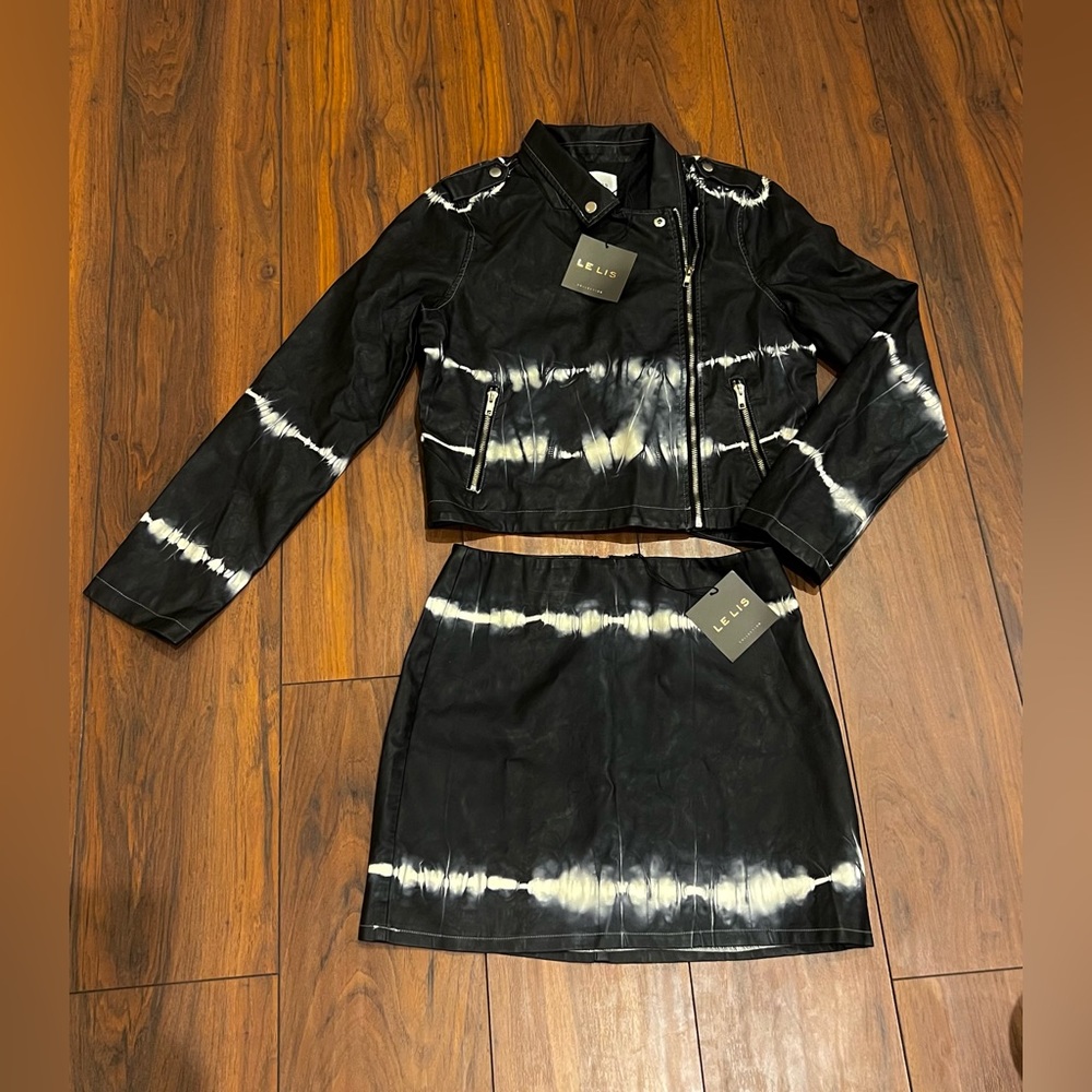 LE LIS Faux Leather Jacket & Skirt Black White Tie Dye